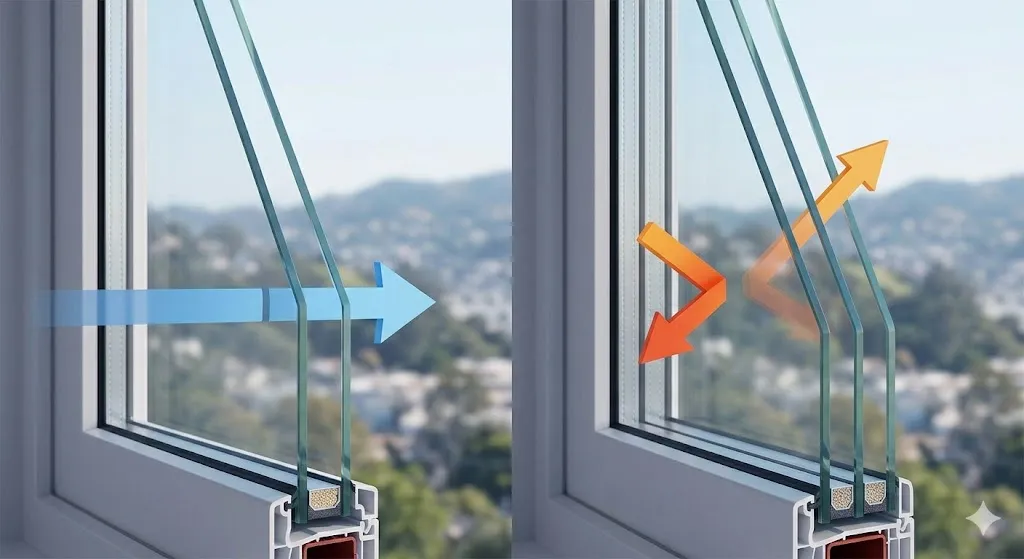 This close-up, split-screen cross-section clearly visualizes the difference in insulation properties using graphical blue and orange arrows, strictly avoiding cost numbers or text labels.